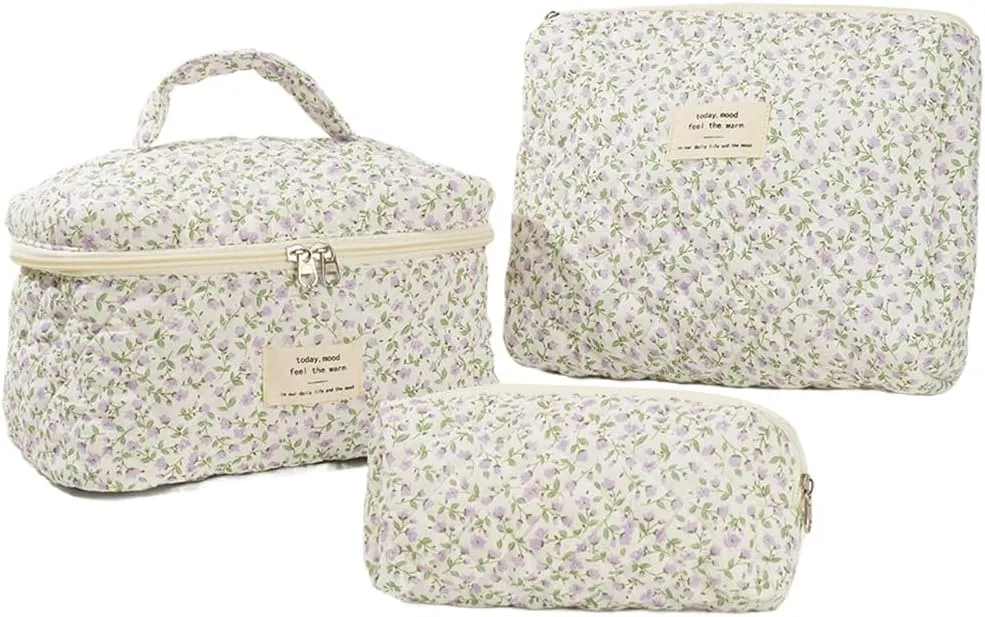 3PCS Makeup Bag for Women Quilted Cotton Make Up Bag Travel Cosmetic Bag Large Cute Makeup Bag Organizer Floral Toiletry Bag Makeup Pouch for Purse