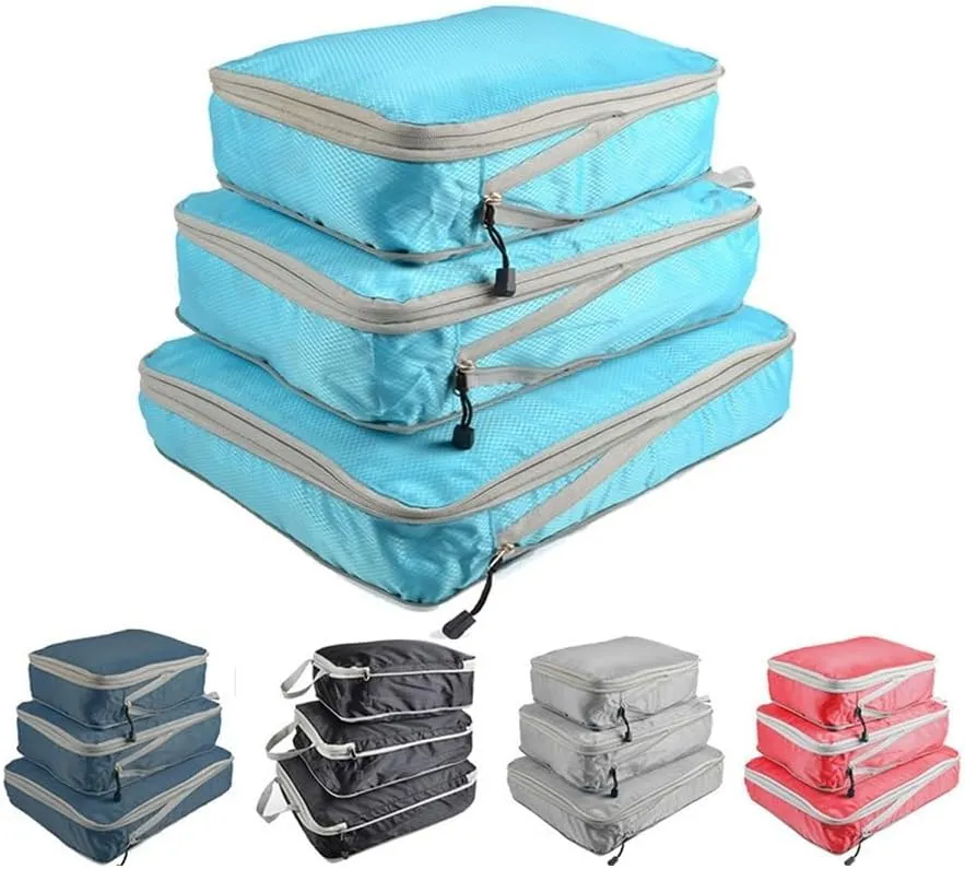 3PCS/set Compressible Packing Travel Organiser Cube Waterproof Suitcase Nylon Luggage Storage Bag Large Capacity Handbag(Black,2SET)