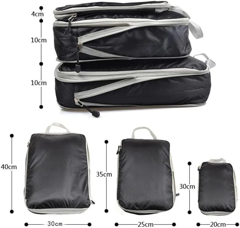 3PCS/set Compressible Packing Travel Organiser Cube Waterproof Suitcase Nylon Luggage Storage Bag Large Capacity Handbag(Black,2SET)