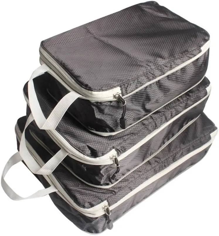 3PCS/set Compressible Packing Travel Organiser Cube Waterproof Suitcase Nylon Luggage Storage Bag Large Capacity Handbag(Black,2SET)