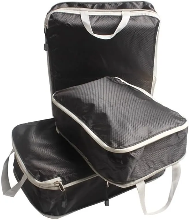 3PCS/set Compressible Packing Travel Organiser Cube Waterproof Suitcase Nylon Luggage Storage Bag Large Capacity Handbag(Black,2SET)