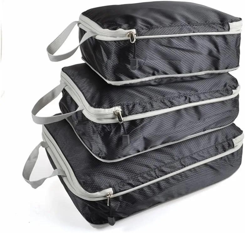 3PCS/set Compressible Packing Travel Organiser Cube Waterproof Suitcase Nylon Luggage Storage Bag Large Capacity Handbag(Black,2SET)