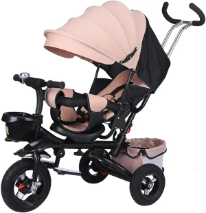 4 in 1 Foldable Kid Stroller Trike,Baby Tricycle Detachable Push Car Bike W/Push Handle,Removable Canopy Rotatable Seat Push Tricycle for Toddlers,Brown,Style 2