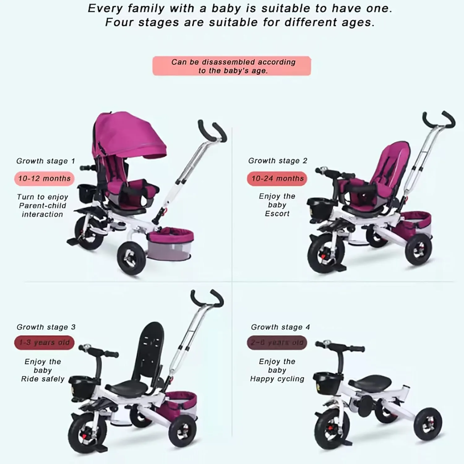 4 in 1 Foldable Kid Stroller Trike,Baby Tricycle Detachable Push Car Bike W/Push Handle,Removable Canopy Rotatable Seat Push Tricycle for Toddlers,Brown,Style 2