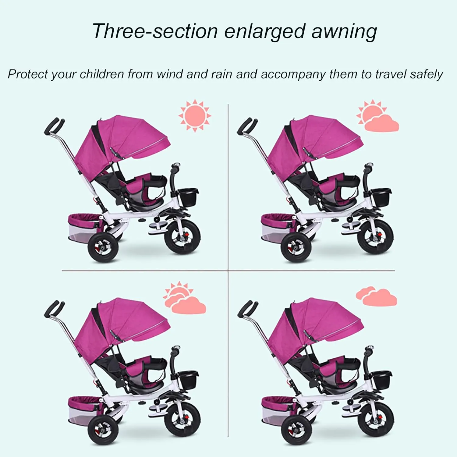 4 in 1 Foldable Kid Stroller Trike,Baby Tricycle Detachable Push Car Bike W/Push Handle,Removable Canopy Rotatable Seat Push Tricycle for Toddlers,Brown,Style 2
