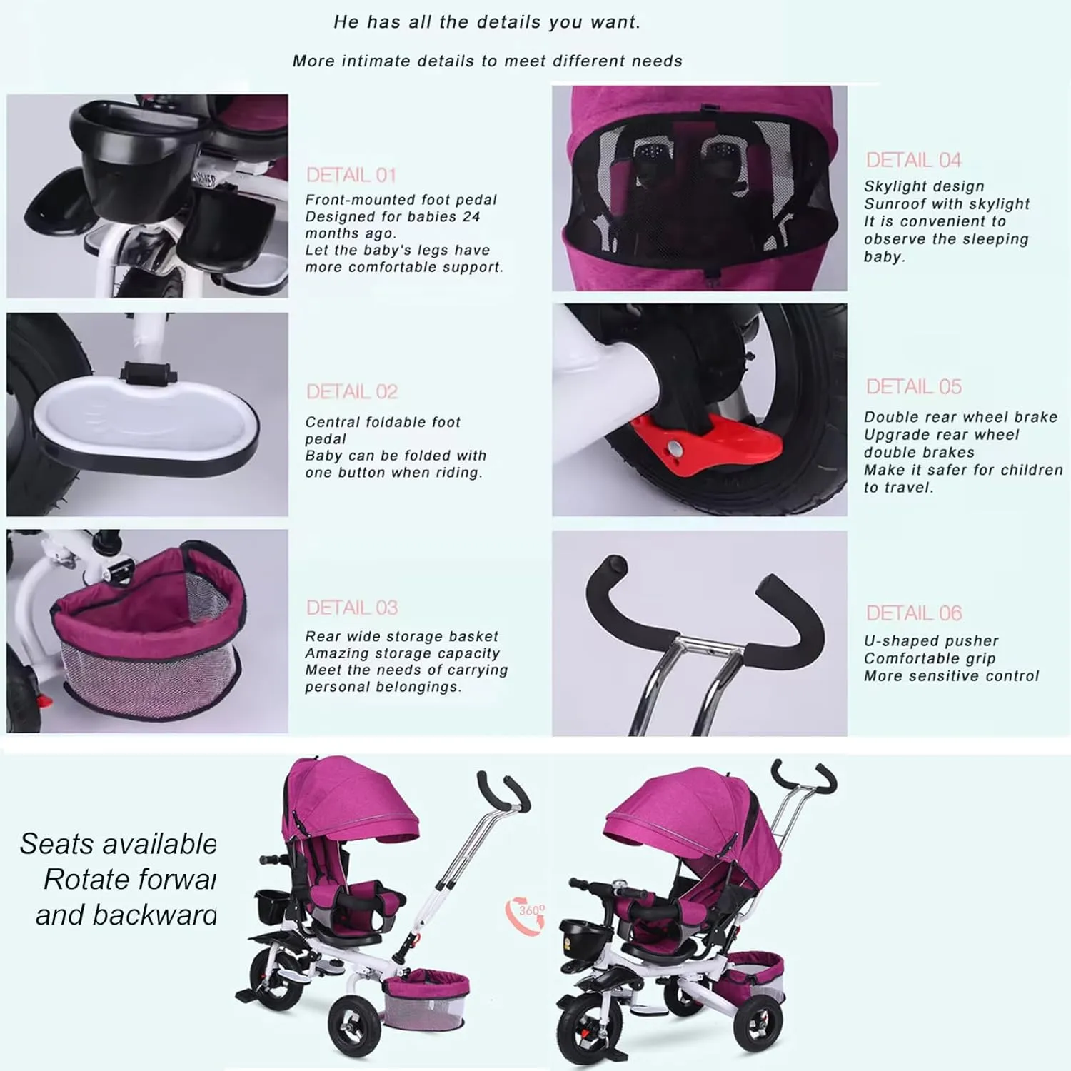 4 in 1 Foldable Kid Stroller Trike,Baby Tricycle Detachable Push Car Bike W/Push Handle,Removable Canopy Rotatable Seat Push Tricycle for Toddlers,Brown,Style 2