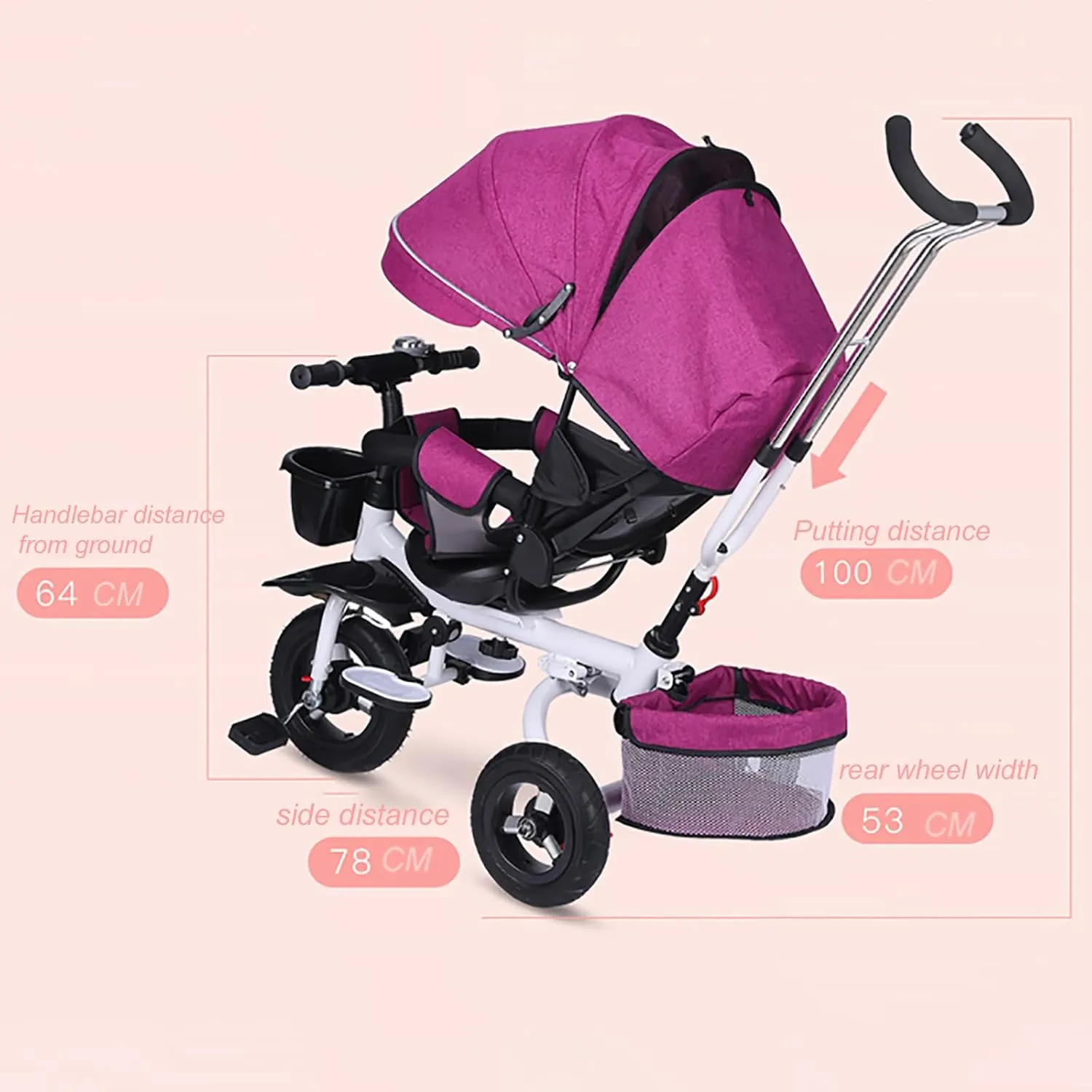 4 in 1 Foldable Kid Stroller Trike,Baby Tricycle Detachable Push Car Bike W/Push Handle,Removable Canopy Rotatable Seat Push Tricycle for Toddlers,Brown,Style 2