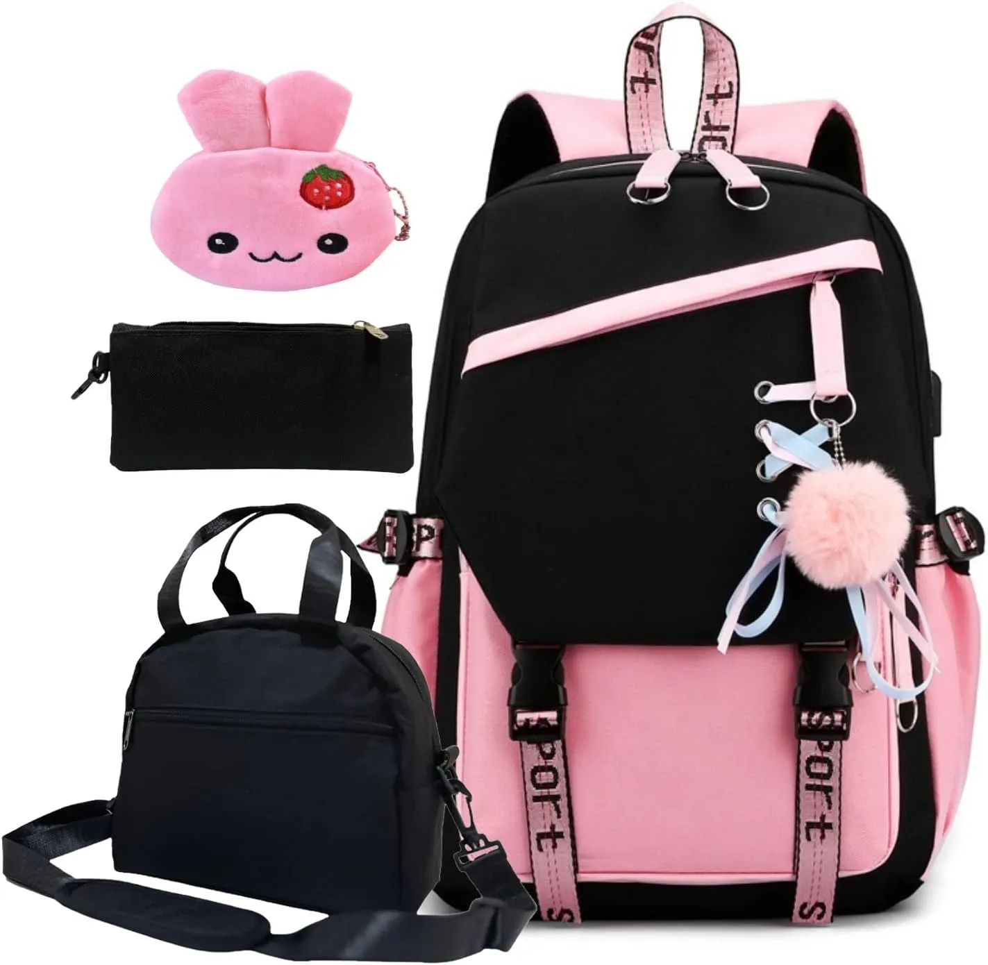 4 Pcs Girls Backpack Bookbag with Lunch Box and Case,17 Inch Teen Girls Kids Boys Pink Backpacks for Primary Middle School