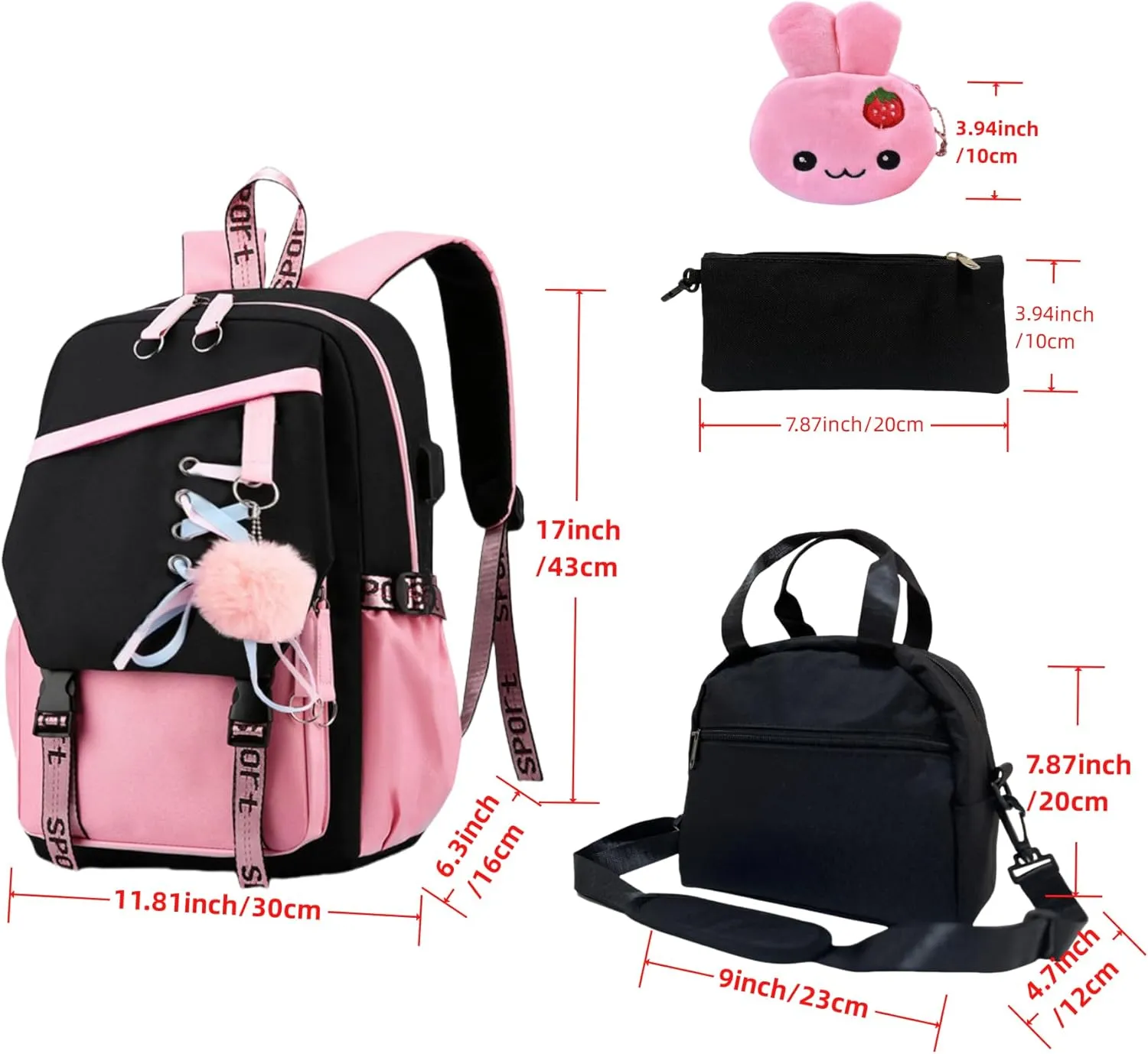 4 Pcs Girls Backpack Bookbag with Lunch Box and Case,17 Inch Teen Girls Kids Boys Pink Backpacks for Primary Middle School