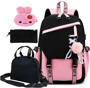 4 Pcs Girls Backpack Bookbag with Lunch Box and Case,17 Inch Teen Girls Kids Boys Pink Backpacks for Primary Middle School