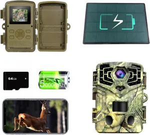 48MP WiFi Solar Trail Camera with Night Vision Motion Activated – 64GB SD Card, 940nm Infrared, 2.0" Screen, 5000mAh Long Battery Life, 0.2s Trigger Speed, IP66 – Ideal for Wildlife Monitoring