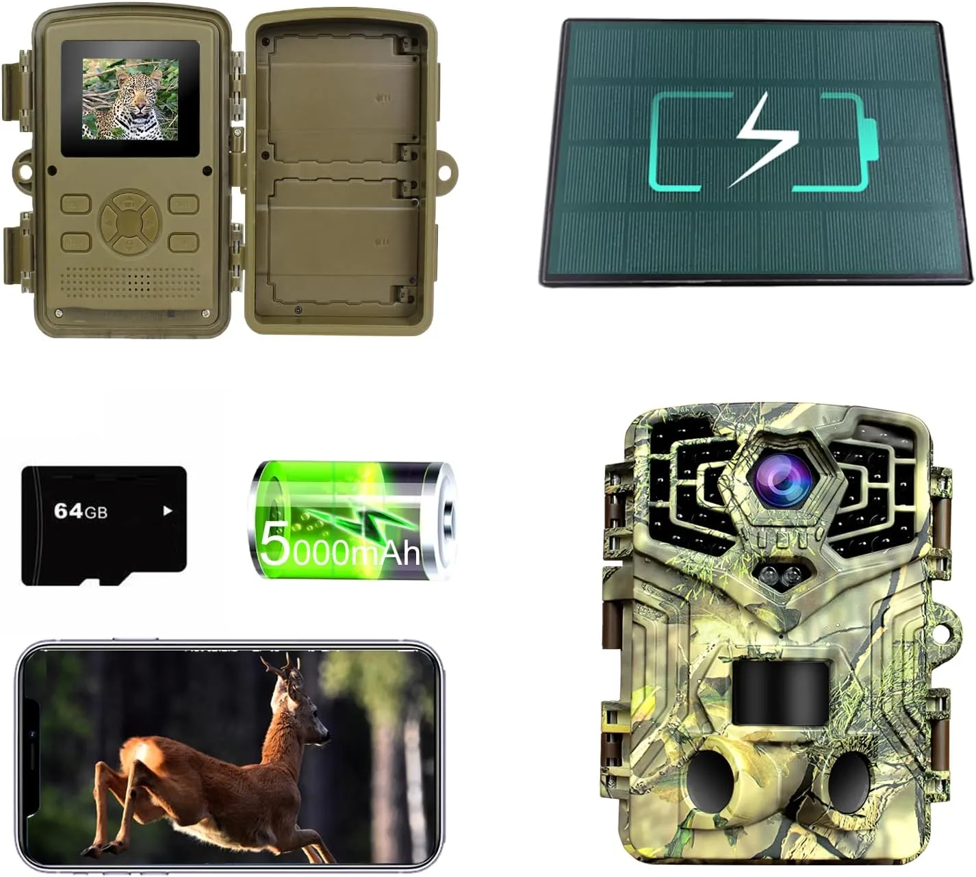 48MP WiFi Solar Trail Camera with Night Vision Motion Activated – 64GB SD Card, 940nm Infrared, 2.0" Screen, 5000mAh Long Battery Life, 0.2s Trigger Speed, IP66 – Ideal for Wildlife Monitoring