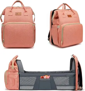 4In1 Multi-Purpose Baby Diapers Bag (Waterproof) With Portable Bed Peach