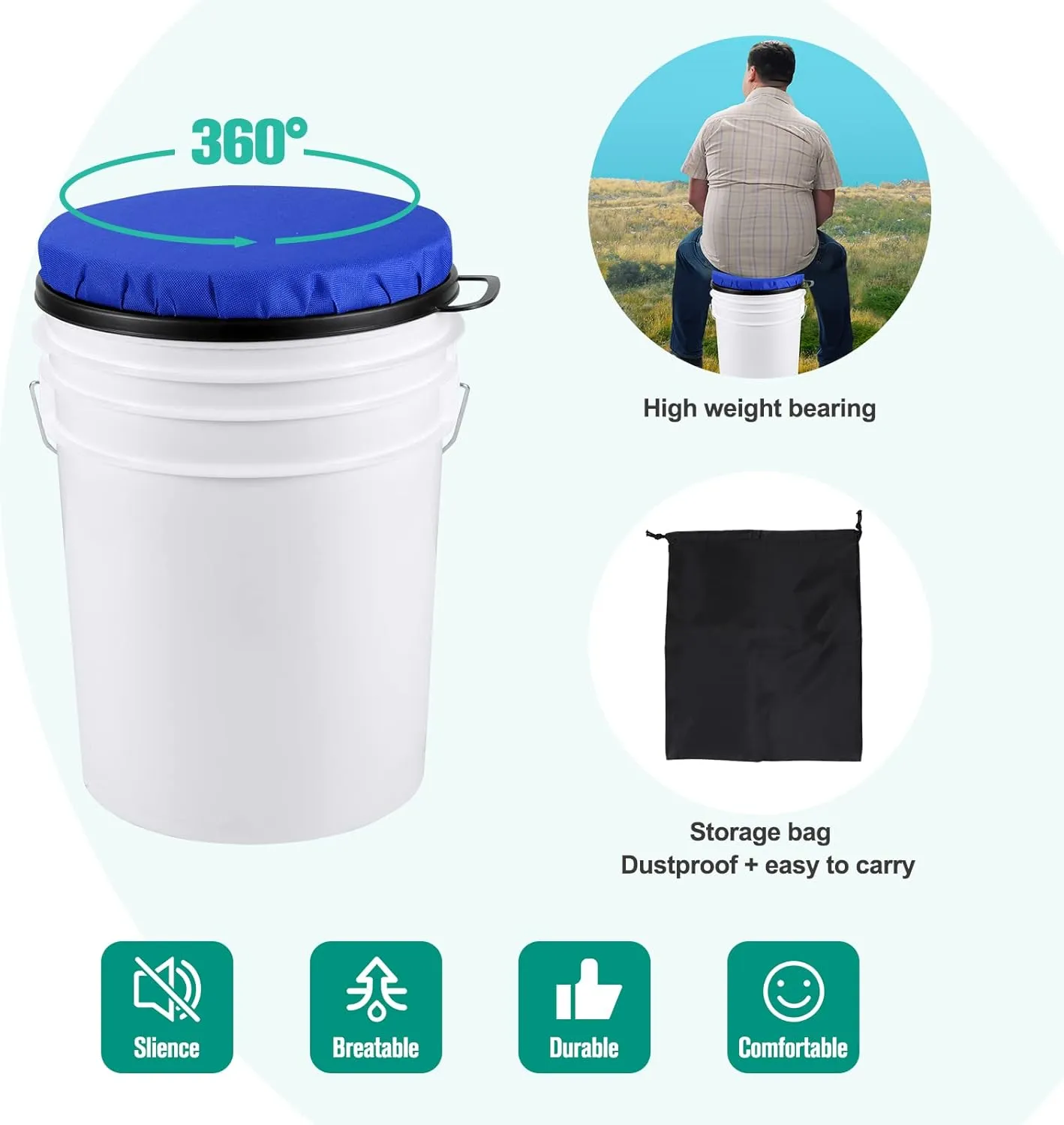 5 Gallon Bucket Seat, 360-Degree Swivel Seat Foam Cushion Bucket Seat Lid with Waterproof Cover for Dove Duck Hunting, Fishing, Baseball, Gardening and Camping