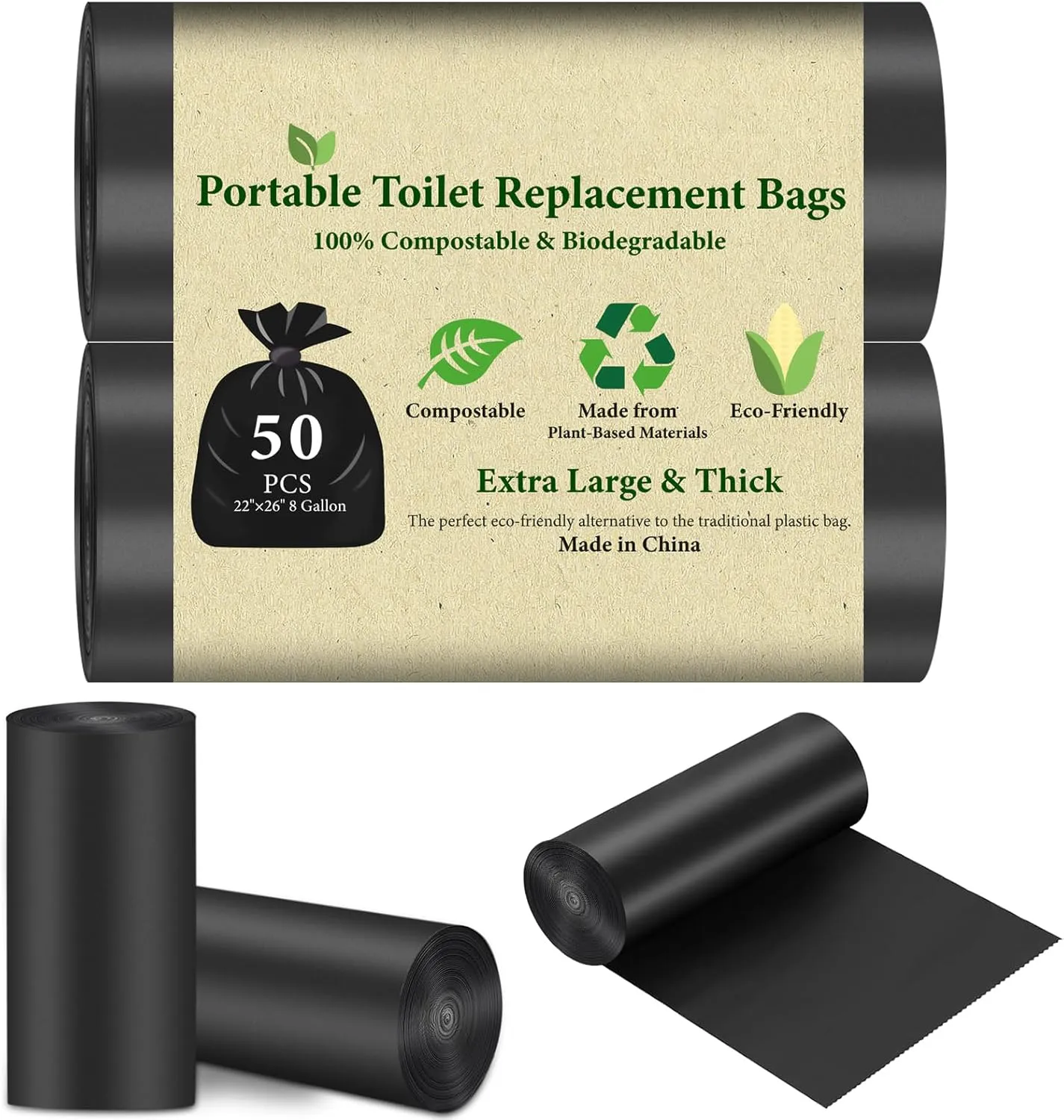 50 PCS Portable Toilet Bags for Camping, Drawstring Biodegradable Porta Potty Bags - 8 Gallon Thickened Waste Bag for 5 Gallon Bucket Toilets, Compostable Bag for Adults(50 Count)