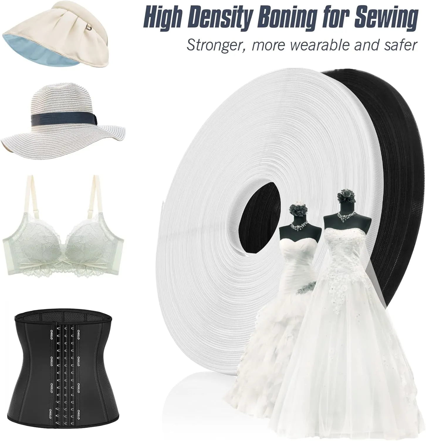 50 Yards High Density Polyester Boning for Sewing,Sew-Through Plastic Sewing Corset Boning for Wedding Party Bridal Gowns Dress(White,8mm)