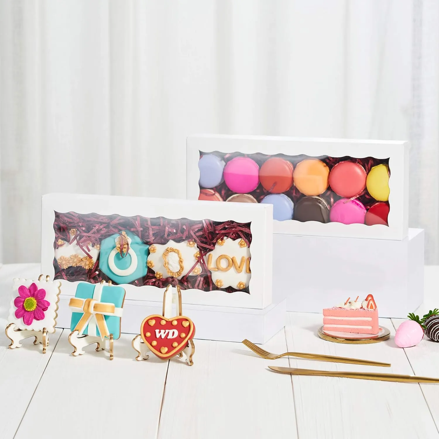 50PCS 12 x 5 x 1.5 inches Auto-Popup One Piece Premium Cookie Boxes, Mini Strawberry Boxes, Bakery Box for Holiday Cookie Gift Sets