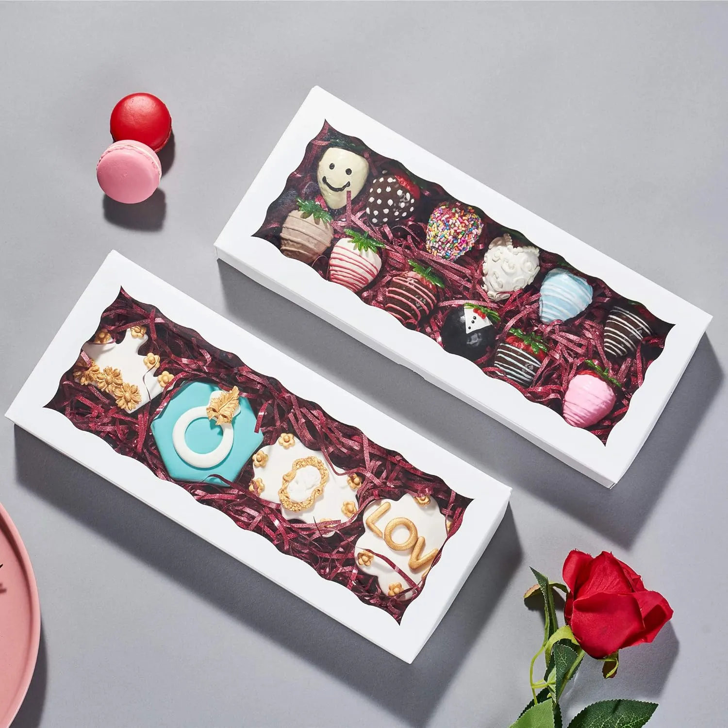 50PCS 12 x 5 x 1.5 inches Auto-Popup One Piece Premium Cookie Boxes, Mini Strawberry Boxes, Bakery Box for Holiday Cookie Gift Sets