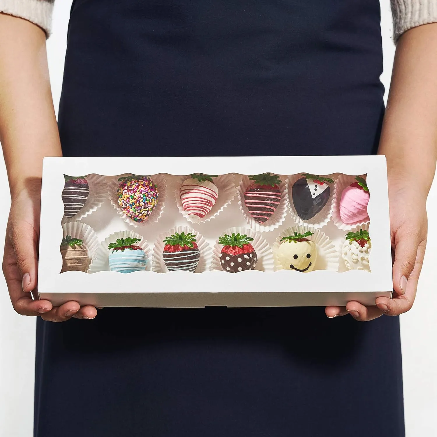 50PCS 12 x 5 x 1.5 inches Auto-Popup One Piece Premium Cookie Boxes, Mini Strawberry Boxes, Bakery Box for Holiday Cookie Gift Sets