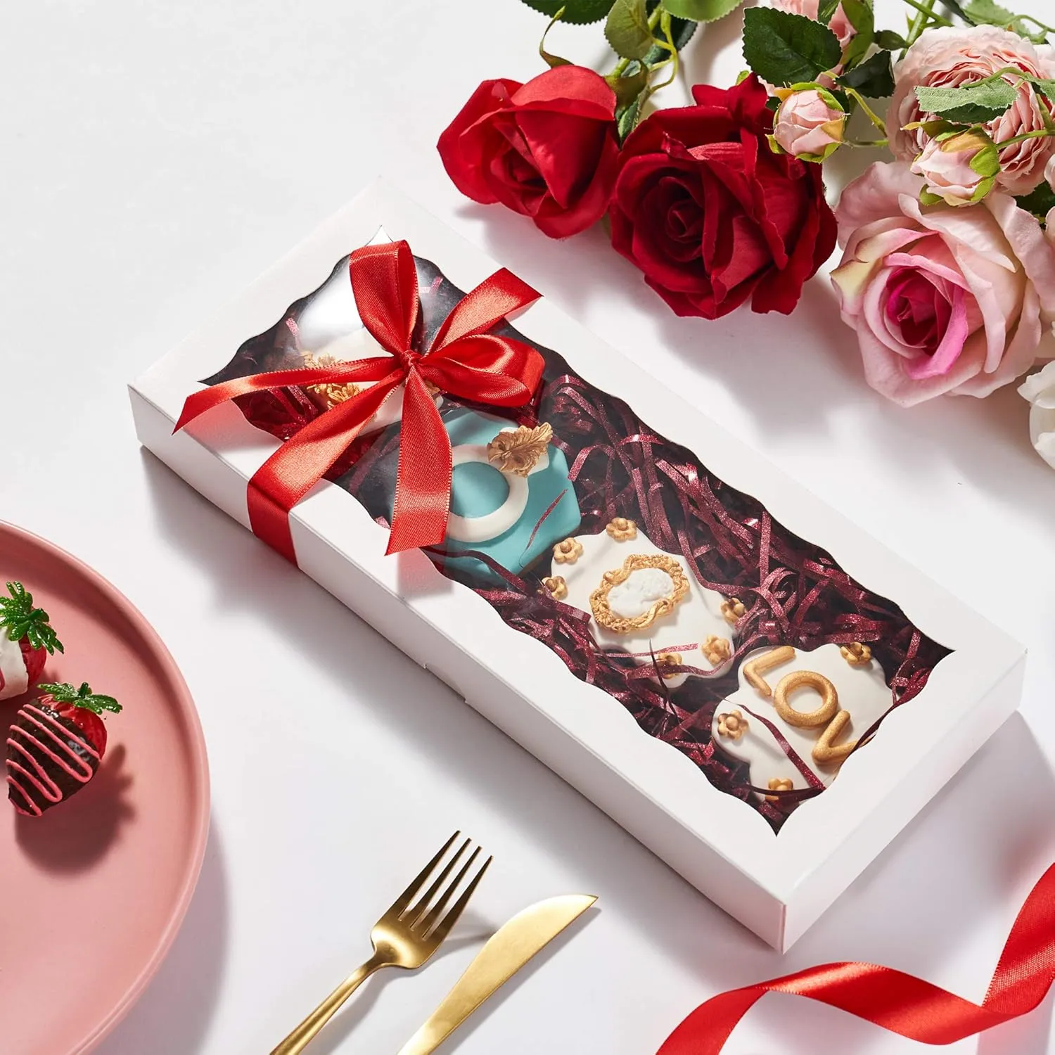 50PCS 12 x 5 x 1.5 inches Auto-Popup One Piece Premium Cookie Boxes, Mini Strawberry Boxes, Bakery Box for Holiday Cookie Gift Sets