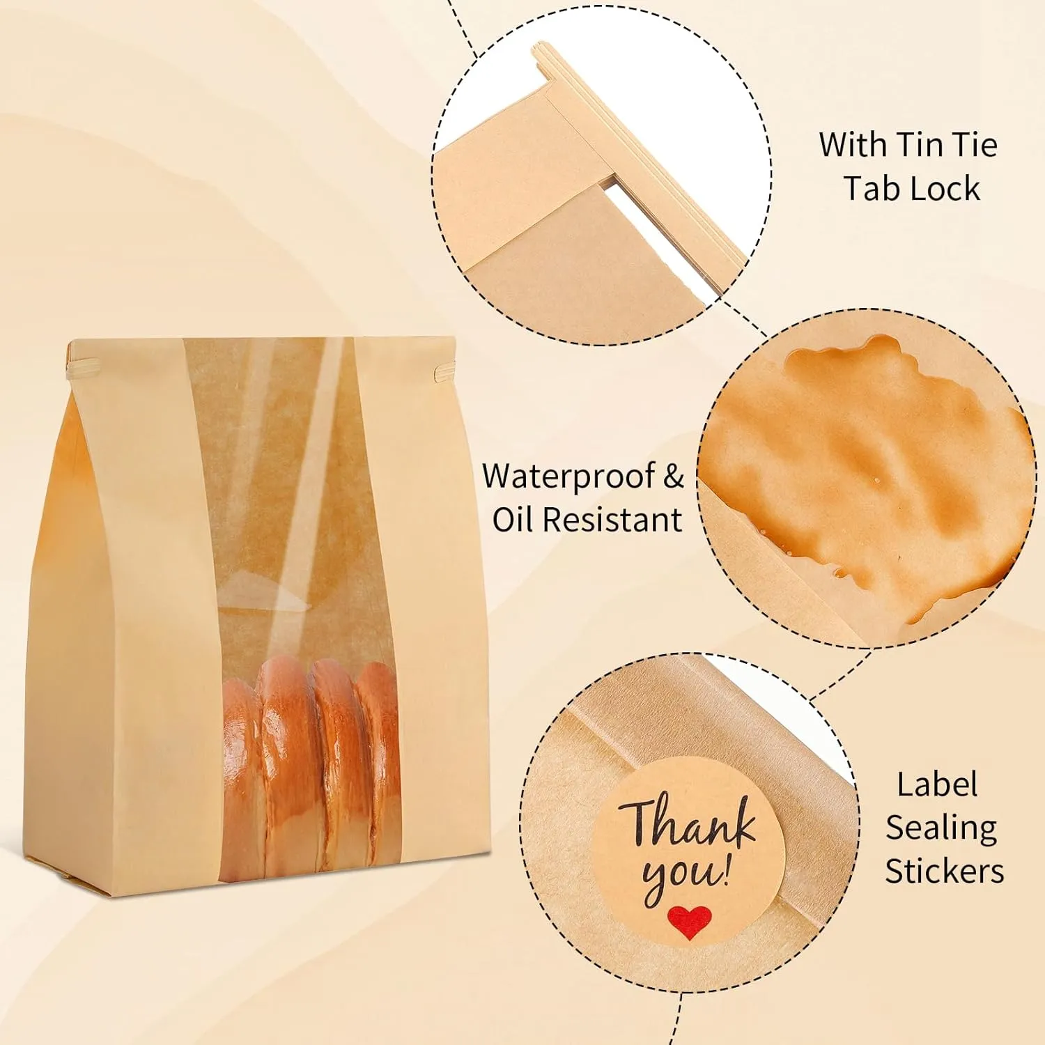 60 Pack Paper Bread Bags for Homemade Bread 14" X 8.3" X 3.5", Sourdough Bread Bags with Tin Tie Tab Lock Clear Front Window and Label Seal Stickers Bakery Bags for Cookies Bread and Treats
