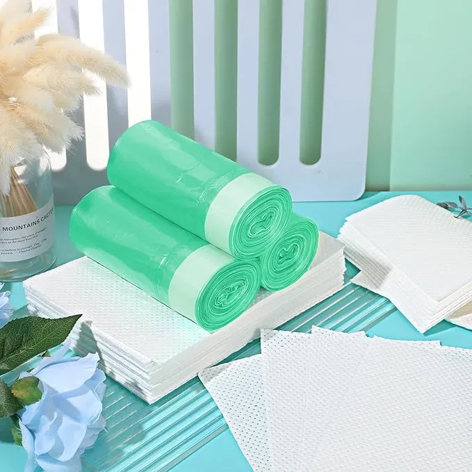 60 Set Bedside Commode Liners with Absorbent Pads Disposable Potty Bags for Portable Toilet with Commode Pads for Adult Elderly Commode Chairs Bucket Portable Camping Toilet Bags (Green)