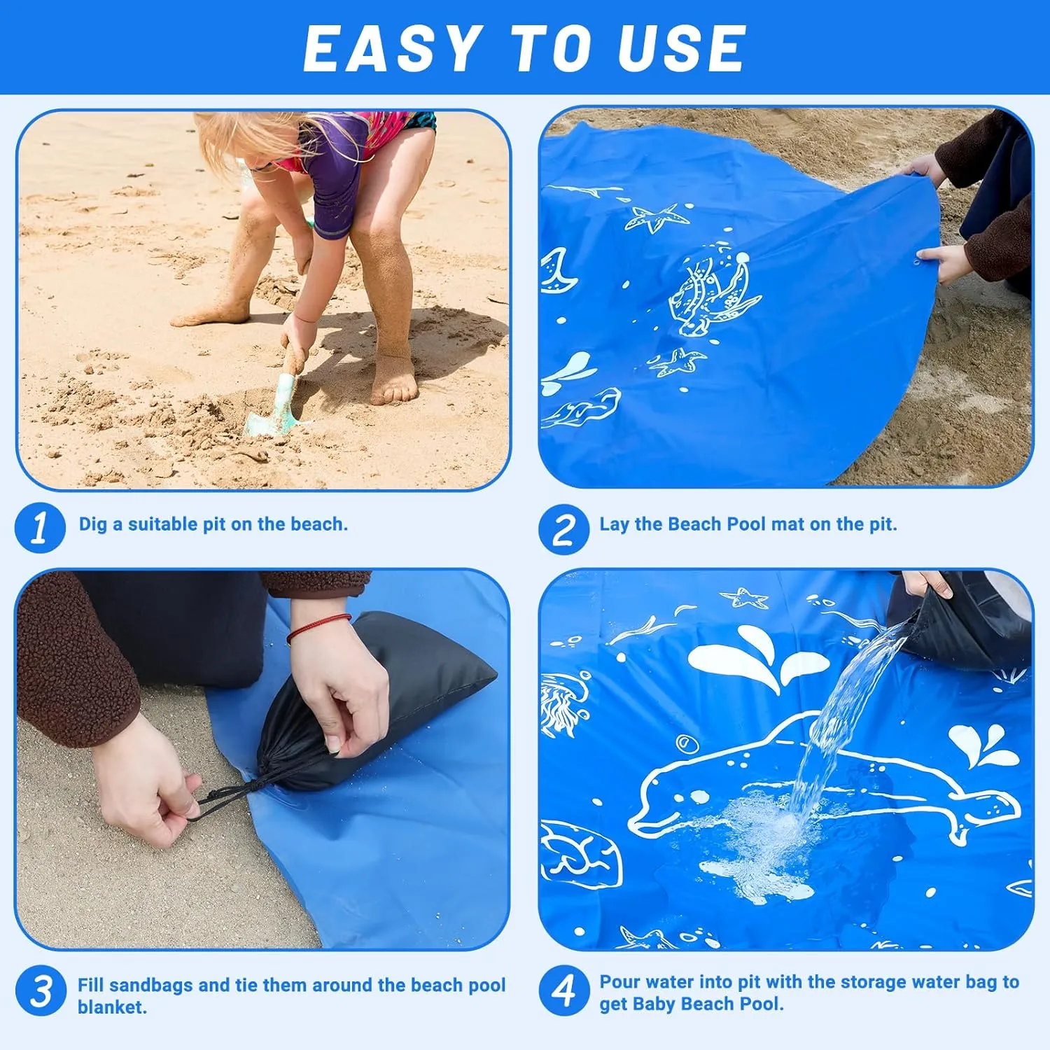 6.5 X 6.5 Ft Baby Beach Pool, Portable Kiddie Pool and Beach Blanket, 2 in 1Waterproof Foldable Sand for Kid Vacation Picnic with Storage Bag