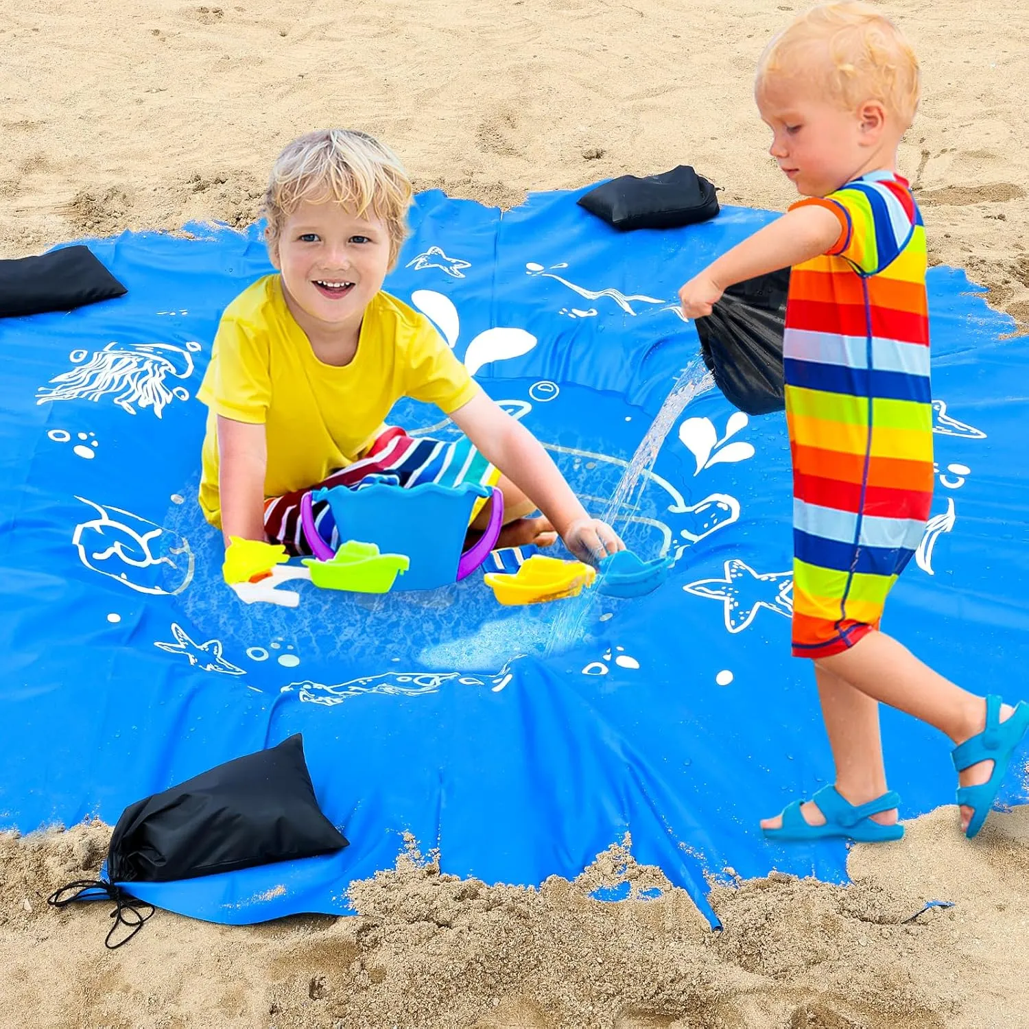 6.5 X 6.5 Ft Baby Beach Pool, Portable Kiddie Pool and Beach Blanket, 2 in 1Waterproof Foldable Sand for Kid Vacation Picnic with Storage Bag