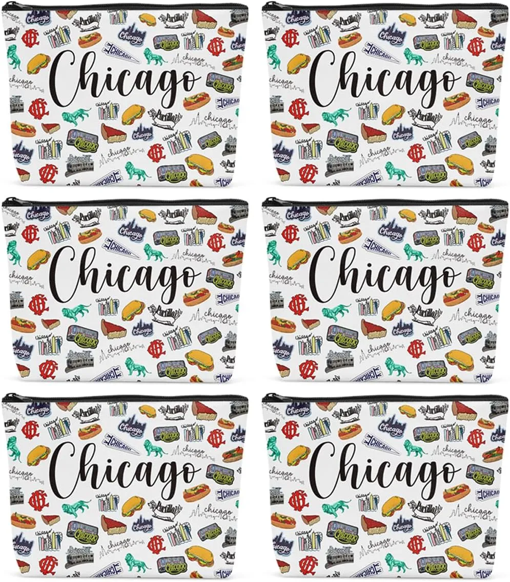 6PCS Chicago Makeup Bag Chicago Themed Girls Trip Gifts Favors Chicago Travel Gifts Chicago Lover Gifts for Women Her Chicago Cosmetic Bag for Holiday Trip Vacation