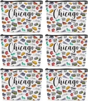 6PCS Chicago Makeup Bag Chicago Themed Girls Trip Gifts Favors Chicago Travel Gifts Chicago Lover Gifts for Women Her Chicago Cosmetic Bag for Holiday Trip Vacation