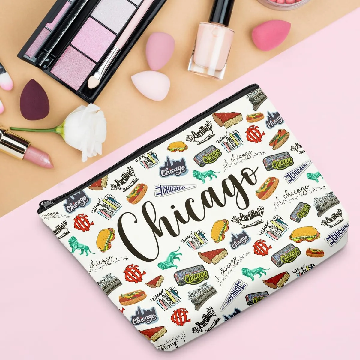 6PCS Chicago Makeup Bag Chicago Themed Girls Trip Gifts Favors Chicago Travel Gifts Chicago Lover Gifts for Women Her Chicago Cosmetic Bag for Holiday Trip Vacation