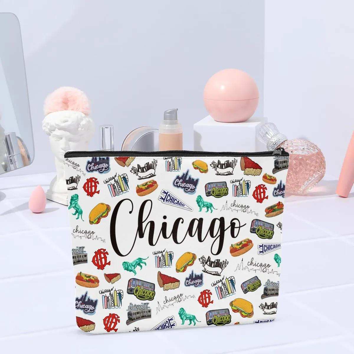 6PCS Chicago Makeup Bag Chicago Themed Girls Trip Gifts Favors Chicago Travel Gifts Chicago Lover Gifts for Women Her Chicago Cosmetic Bag for Holiday Trip Vacation