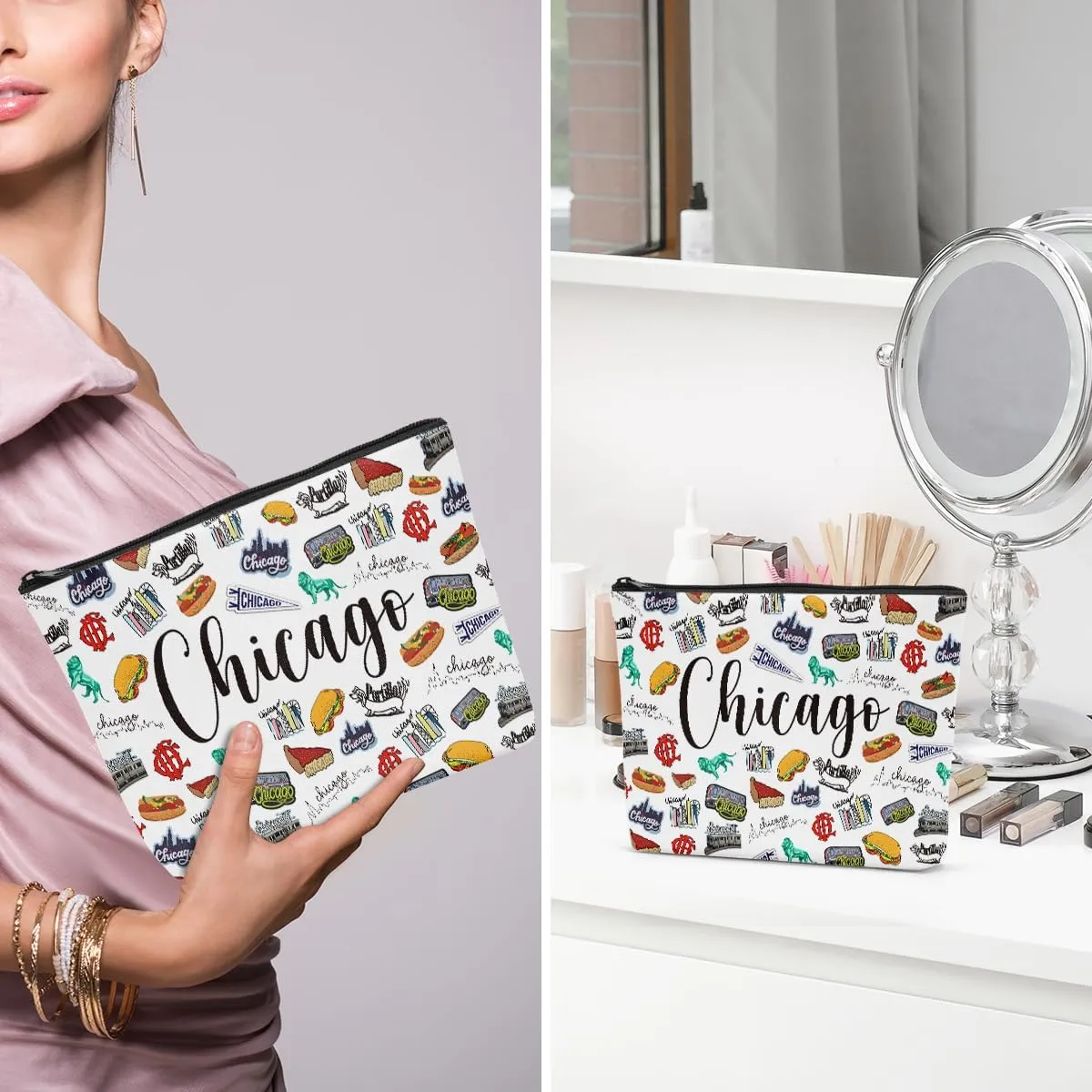 6PCS Chicago Makeup Bag Chicago Themed Girls Trip Gifts Favors Chicago Travel Gifts Chicago Lover Gifts for Women Her Chicago Cosmetic Bag for Holiday Trip Vacation