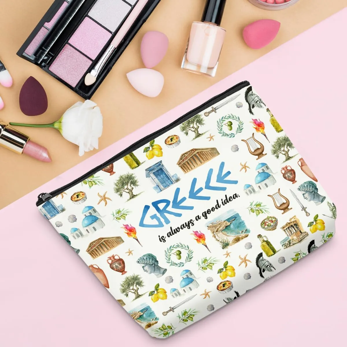 6PCS Greece Makeup Bag Greece Gift Greece Surprise Trip Gift Greece Is Always A Good Idea Zipper Pouch Cosmetics Bag for Women Travel Toiletry Bag Cosmetic Bag for Women