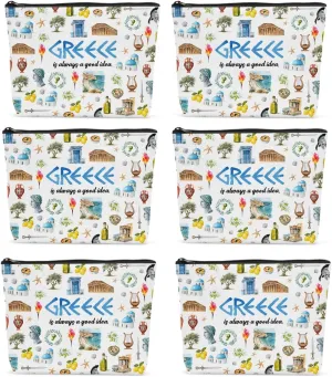 6PCS Greece Makeup Bag Greece Gift Greece Surprise Trip Gift Greece Is Always A Good Idea Zipper Pouch Cosmetics Bag for Women Travel Toiletry Bag Cosmetic Bag for Women