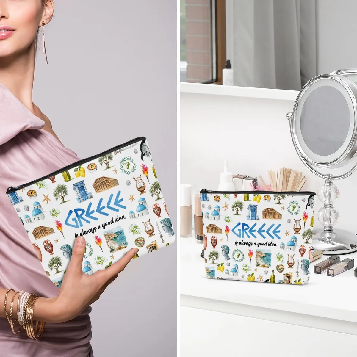 6PCS Greece Makeup Bag Greece Gift Greece Surprise Trip Gift Greece Is Always A Good Idea Zipper Pouch Cosmetics Bag for Women Travel Toiletry Bag Cosmetic Bag for Women