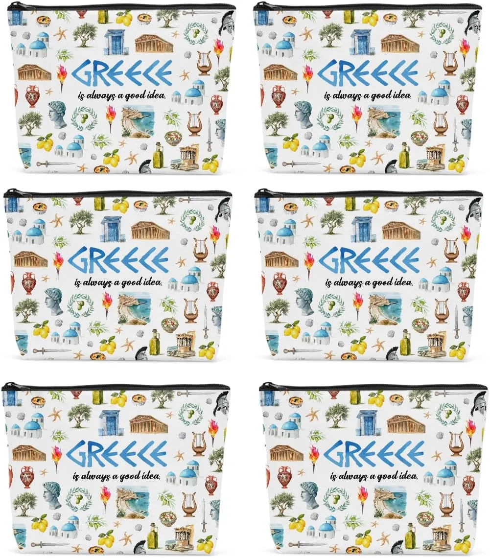 6PCS Greece Makeup Bag Greece Gift Greece Surprise Trip Gift Greece Is Always A Good Idea Zipper Pouch Cosmetics Bag for Women Travel Toiletry Bag Cosmetic Bag for Women