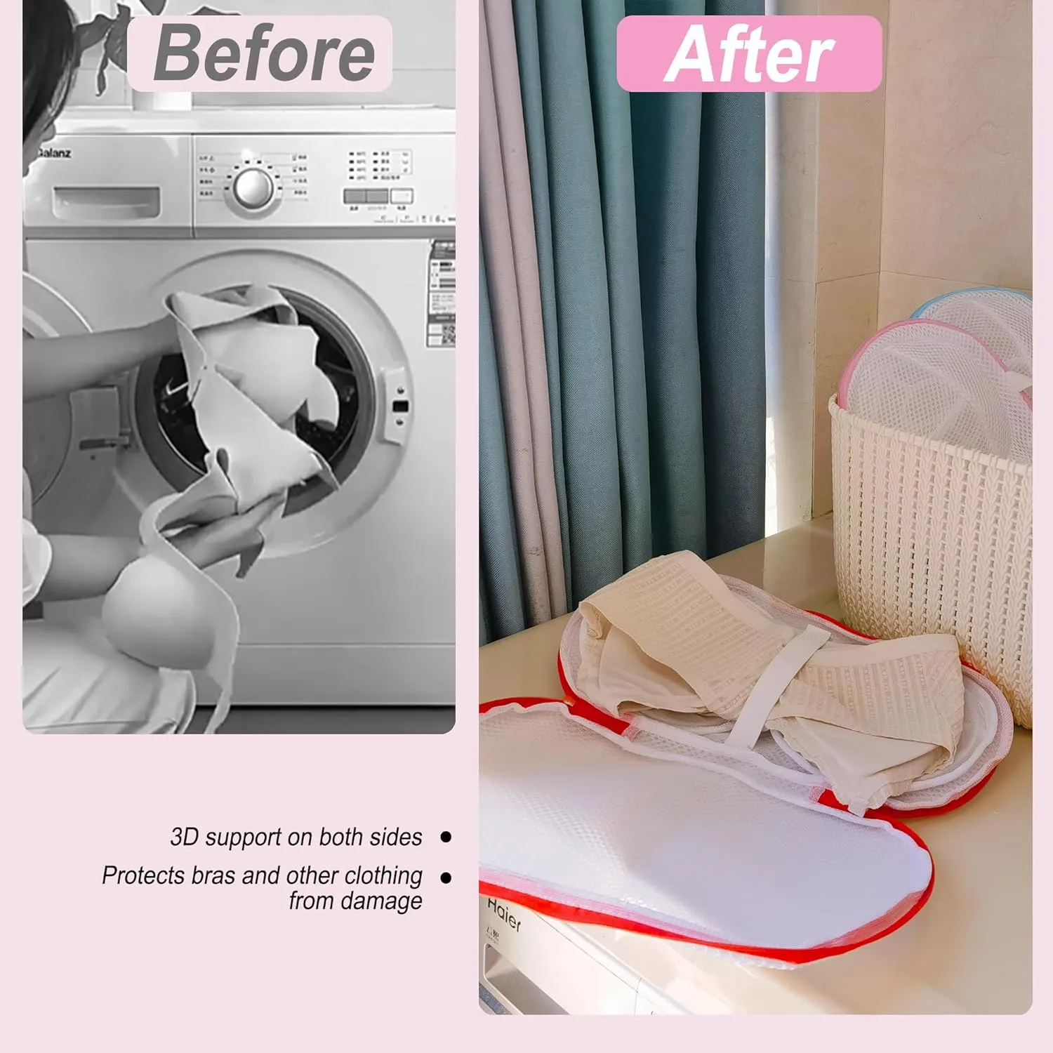 8 Pcs Bra Wash Bags for Laundry - Lingerie Mesh Bag Set Underwear Brassiere for Washing Machine With Zipper for Women Delicates Pink (32A-36C Cup)
