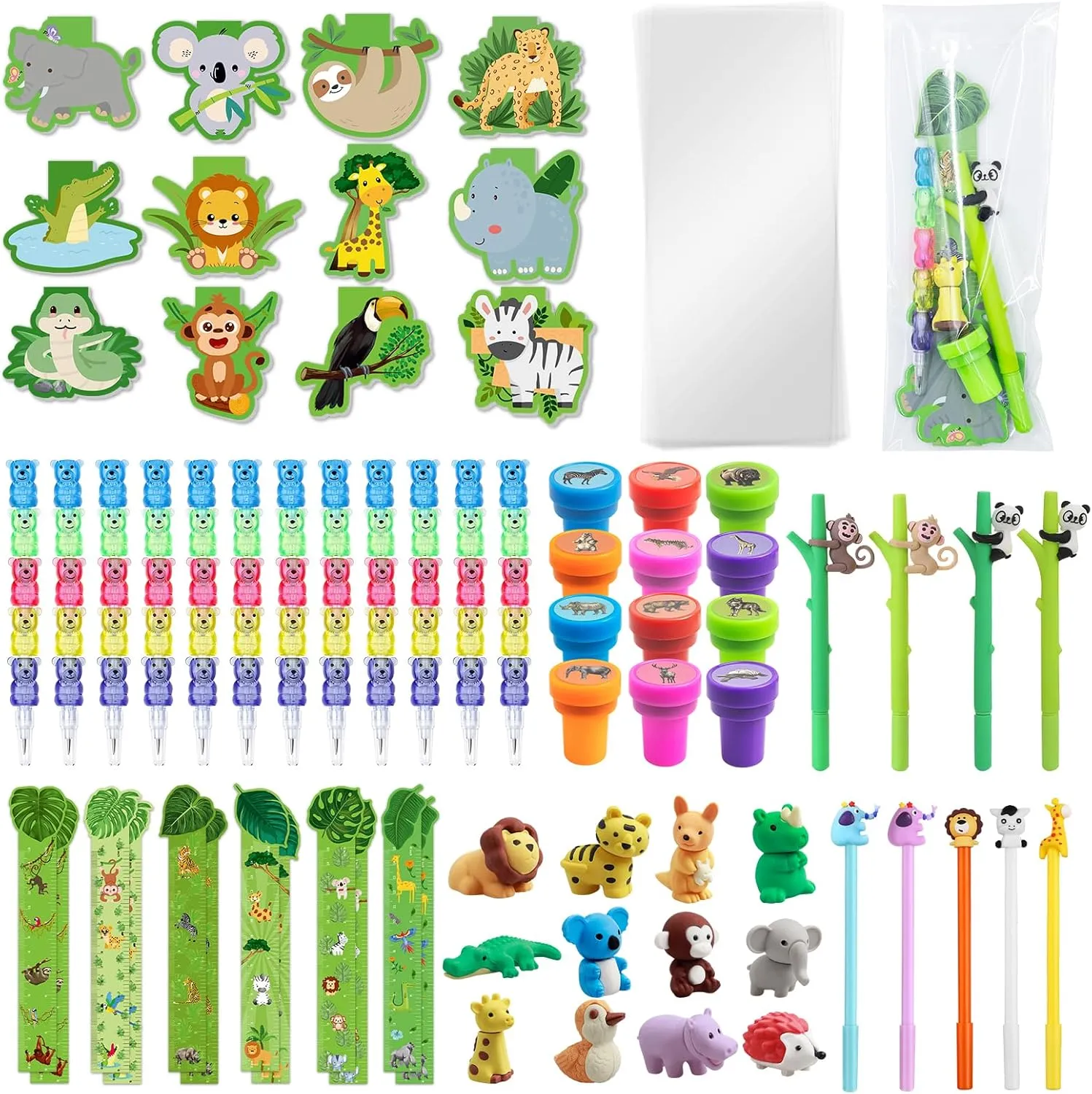 84 Pcs Jungle Safari Party Favors - Wild Animal Themed Stationery Set Supplies for Classroom Gifts, Pencils Notepads Bookmarks Rulers Erasers Stampers Birthday Treat Bags Rewards Prizes
