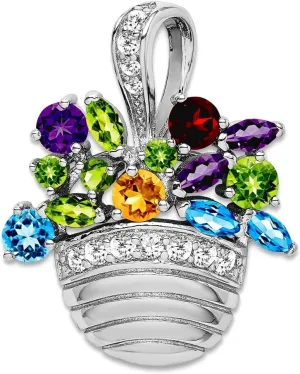 925 Sterling Silver Polished Multi colored Gemstone Basket Pendant Necklace/Pin 32x24mm Wide Brooches and-Pin for Women