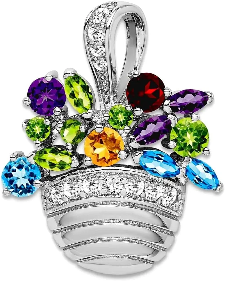 925 Sterling Silver Polished Multi colored Gemstone Basket Pendant Necklace/Pin 32x24mm Wide Brooches and-Pin for Women
