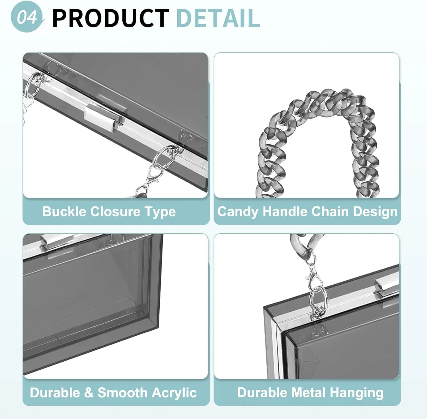 Acrylic Clear Evening Clutch Bag for Women, Shoulder Handbags Neon Hard Frame with Chains Party Purse for Wedding Prom Party (Black, Silver)