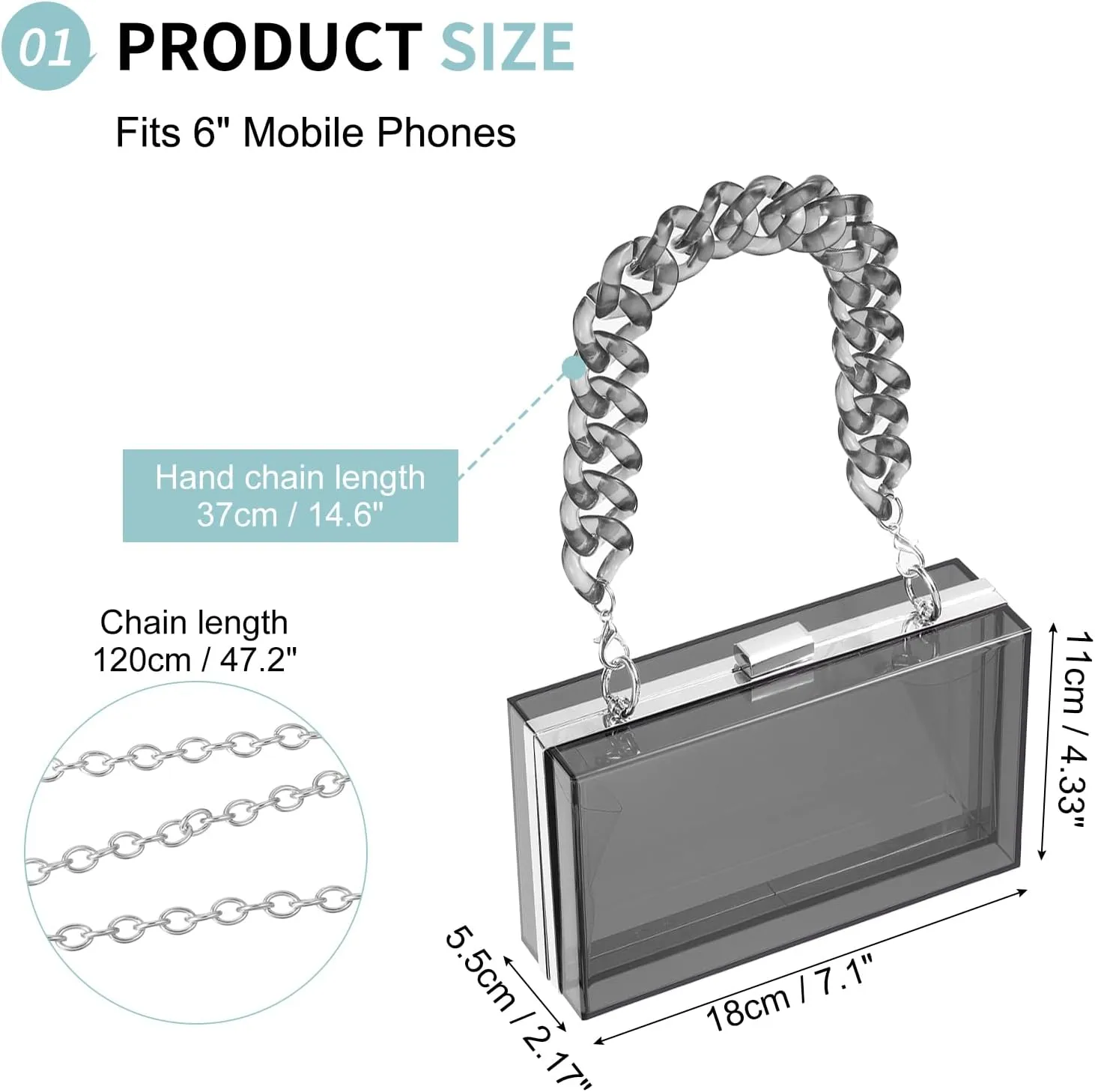 Acrylic Clear Evening Clutch Bag for Women, Shoulder Handbags Neon Hard Frame with Chains Party Purse for Wedding Prom Party (Black, Silver)