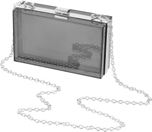 Acrylic Clear Evening Clutch Bag for Women, Shoulder Handbags Neon Hard Frame with Chains Party Purse for Wedding Prom Party (Black, Silver)