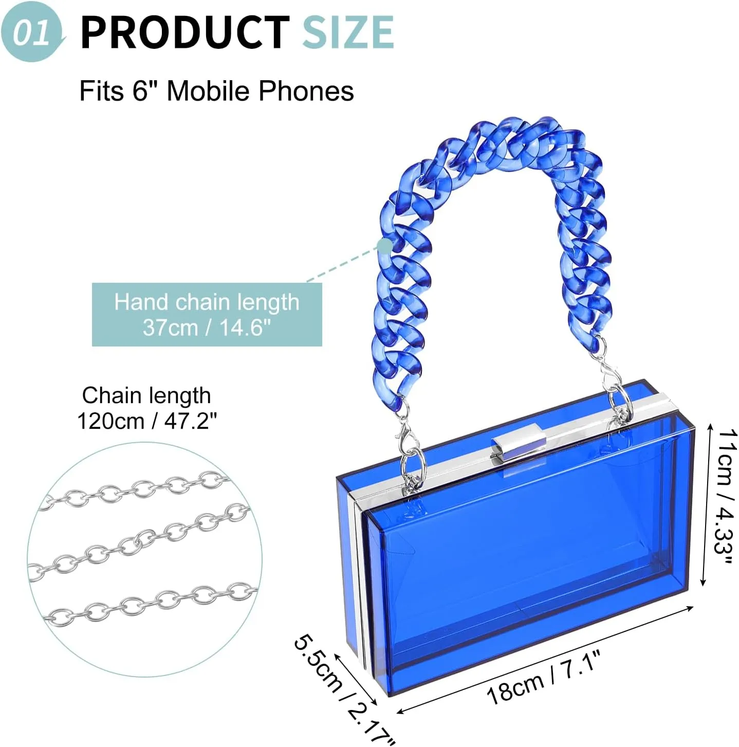 Acrylic Clear Evening Clutch Bag for Women, Shoulder Handbags Neon Hard Frame with Chains Party Purse for Wedding Prom Party (Blue, Silver)
