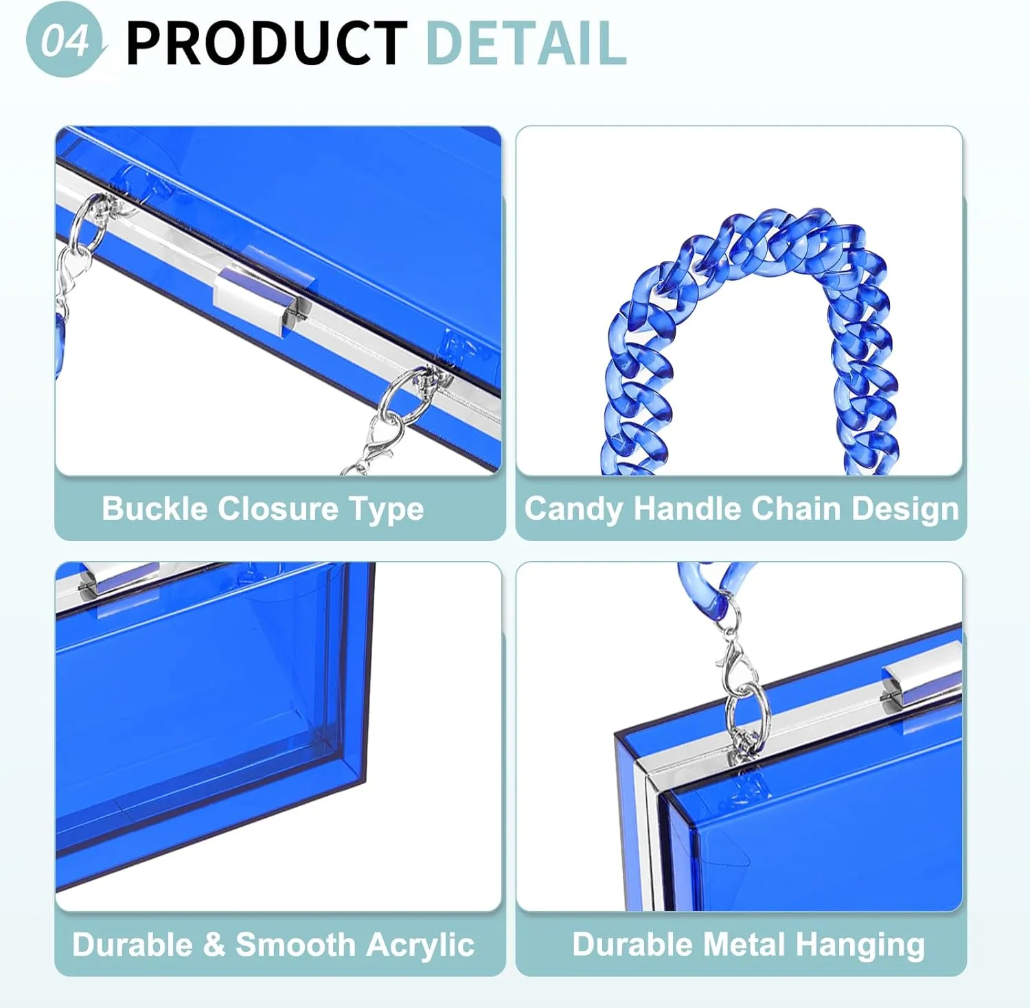 Acrylic Clear Evening Clutch Bag for Women, Shoulder Handbags Neon Hard Frame with Chains Party Purse for Wedding Prom Party (Blue, Silver)
