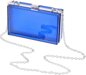 Acrylic Clear Evening Clutch Bag for Women, Shoulder Handbags Neon Hard Frame with Chains Party Purse for Wedding Prom Party (Blue, Silver)