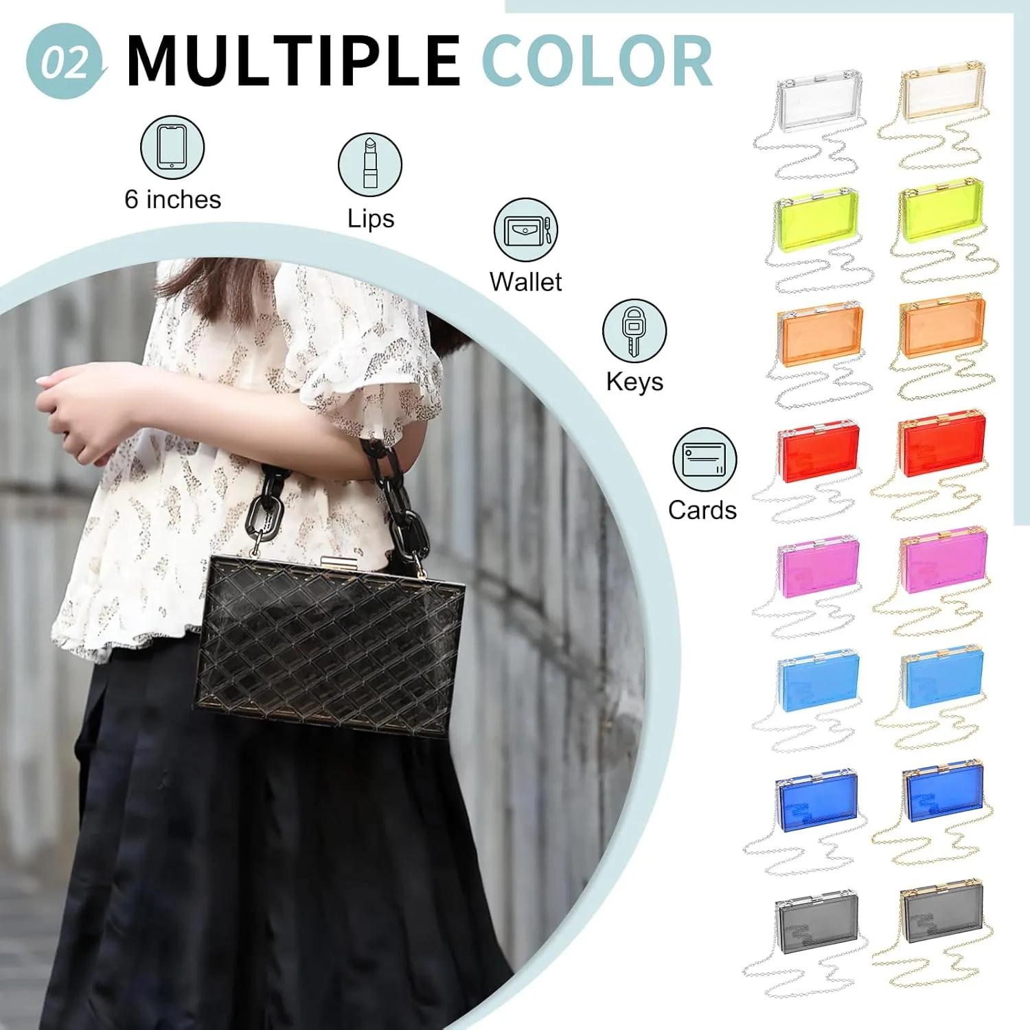Acrylic Clear Evening Clutch Bag for Women, Shoulder Handbags Neon Hard Frame with Chains Party Purse for Wedding Prom Party (Blue, Silver)