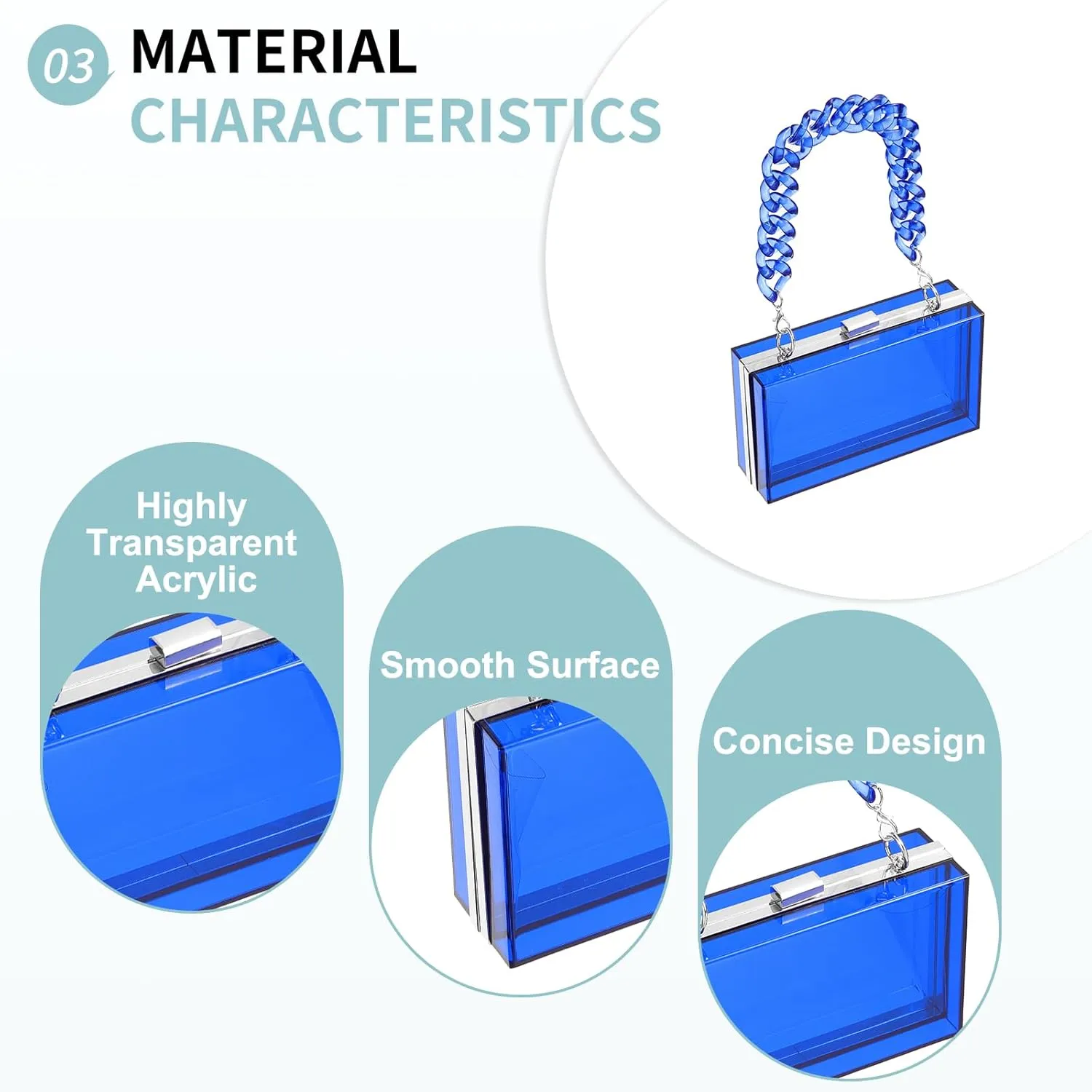 Acrylic Clear Evening Clutch Bag for Women, Shoulder Handbags Neon Hard Frame with Chains Party Purse for Wedding Prom Party (Blue, Silver)