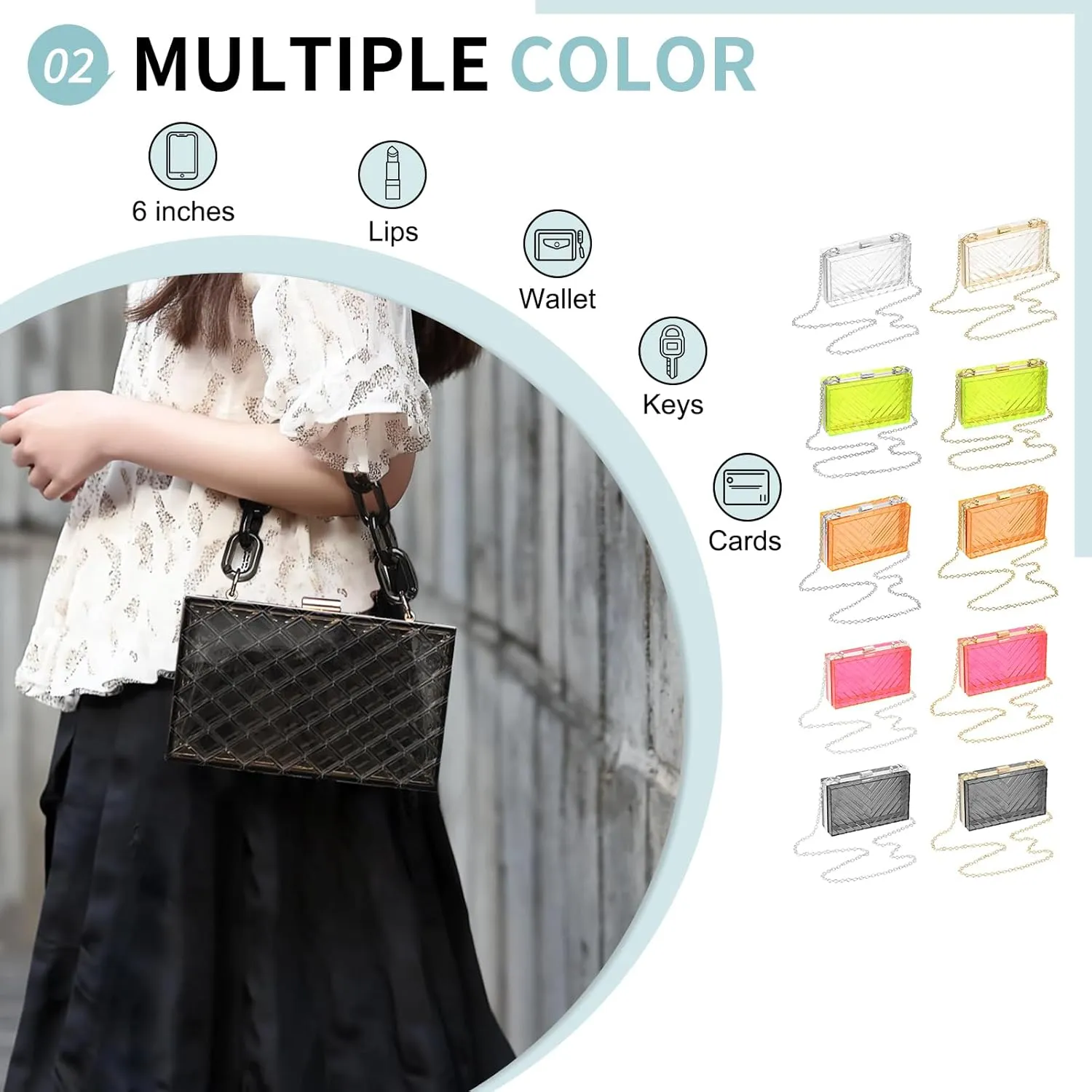 Acrylic Clear Evening Clutch Bag for Women, V-Design Handbags Neon Hard Frame with Chains Party Purse for Wedding Prom Party (Pink, Silver)